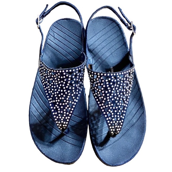 Jill CLOUDWALKERS byAvenue DarkBlueSandals W/Rhinestones BuckleStrap Sz 8W - Picture 3 of 6